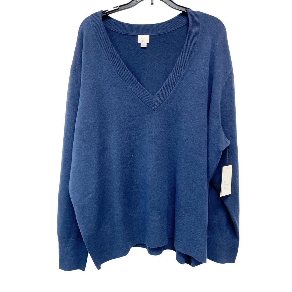 A New Day Women's Blue V Neck Long Sleeve Pullover Sweater Size XXL